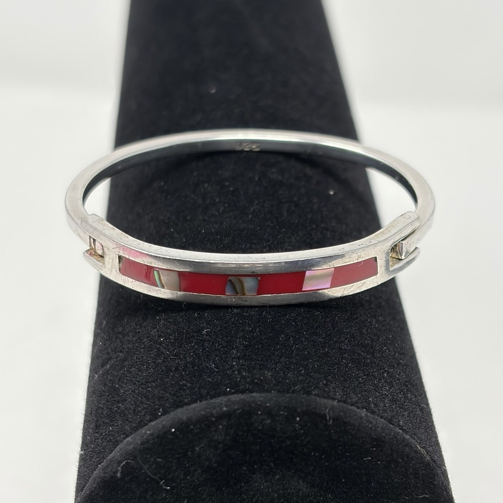 Vintage Mexico‎ 925 Sterling Silver Abalone Red Shell Inlay Hinged Cuff Bracelet - Picture 10 of 16